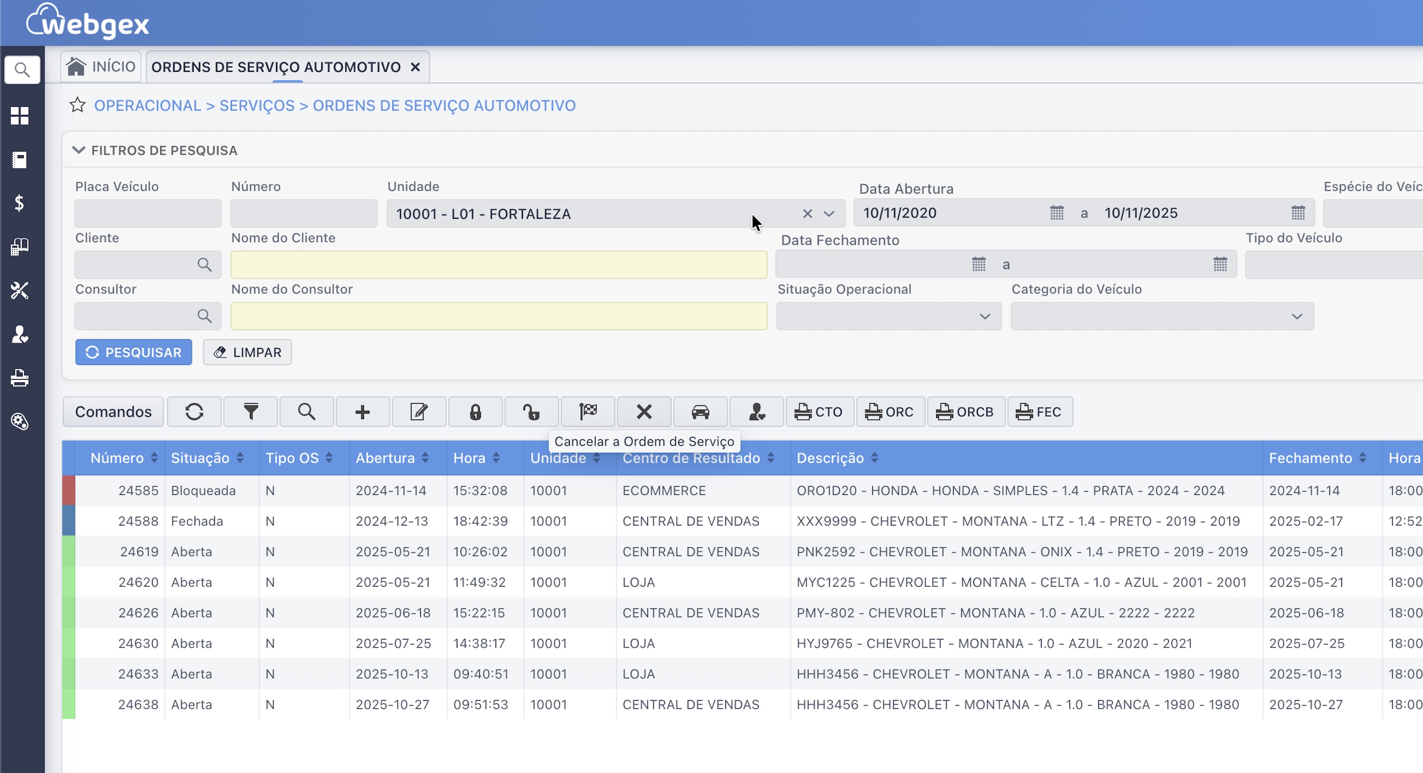 Dashboard do sistema WEBGEX